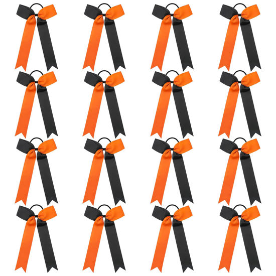 Picture of DEEKA 16 PCS Collegiate Style Cheer Bows Long Tail Skinny Cheer Bow Ponytail Holder Handmade Bows for Girls Teens Softball Cheerleader Sports -Orange/Black