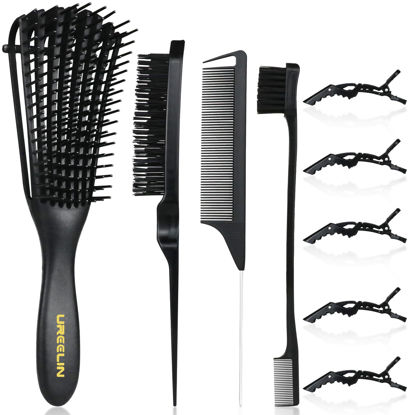 Picture of UREELIN Detangling Brush set,Detangler Hair Brush with Teasing & Edge Brush for Curly Hiar, Rat Tail Comb Alligator Hair Clips for 3a to 4c Kinky Wavy/Curly/Coily/Wet/Dry/Oil/Thick/Long Hair(Black)