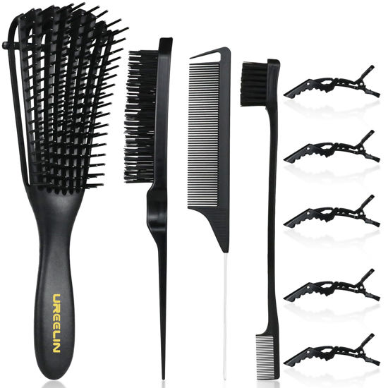 Picture of UREELIN Detangling Brush set,Detangler Hair Brush with Teasing & Edge Brush for Curly Hiar, Rat Tail Comb Alligator Hair Clips for 3a to 4c Kinky Wavy/Curly/Coily/Wet/Dry/Oil/Thick/Long Hair(Black)