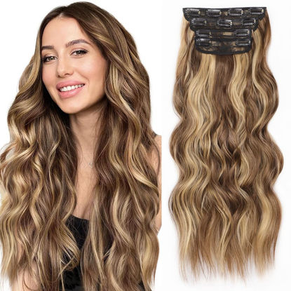 Picture of ALXNAN Clip in Long Wavy Hair Extension 20 Inch Chocolate Brown to Honey Blonde Hair Extensions 4PCS Thick Hairpieces Fiber Double Weft Hair for Women