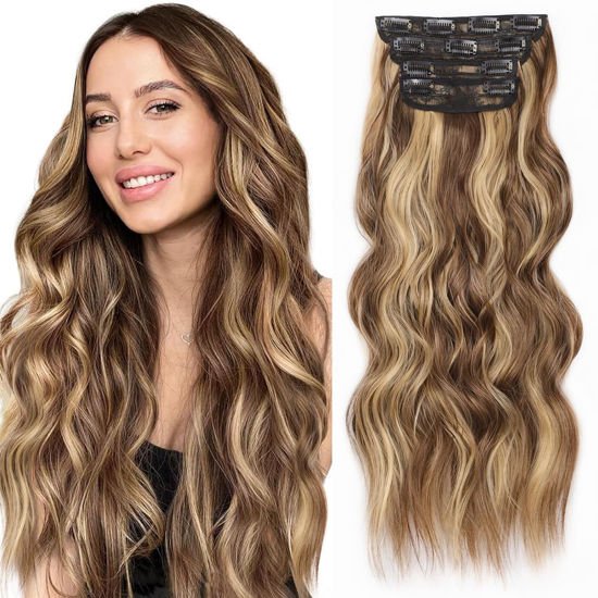 Picture of ALXNAN Clip in Long Wavy Hair Extension 20 Inch Chocolate Brown to Honey Blonde Hair Extensions 4PCS Thick Hairpieces Fiber Double Weft Hair for Women