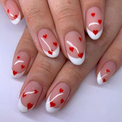 Picture of Short Press on Nails Almond Fake Nails White French Tip False Nails with Red Heart Design Glue on Nails Glossy Full Cover Stick on Nails Valentine's Day Acrylic Nails for Women Manicure 24Pcs