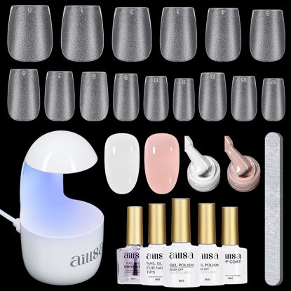 Picture of AILLSA Extra Short Coffin Gel Nail Kit 240pcs Full Nail Tips with 2 In 1 Nail Glue Base Top Coat Nail Dehydrator U v Led Lamp, Gel Extension Nail Kit for Beginners Home Salon
