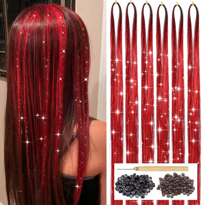 Picture of Red Hair Tinsel Kit with Tool 6pcs 1200 Strands Hair Tinsel Heat Resistant Fairy Hair Sparkling Shiny Glitter Tinsel Hair Extensions for Women Girls Kids 47Inch