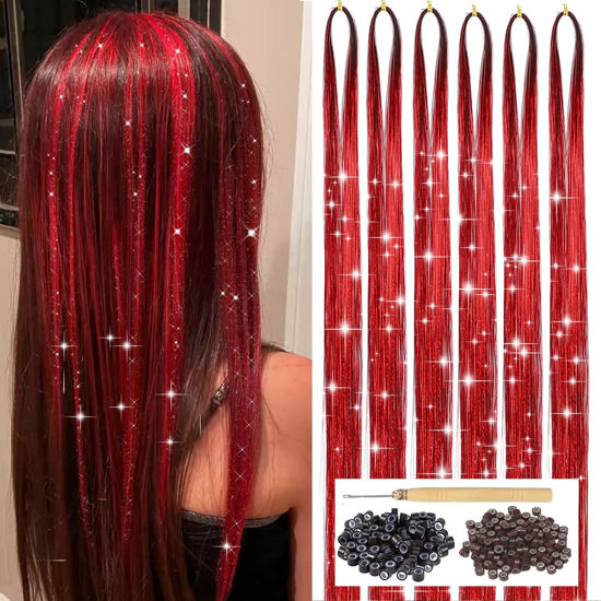 Picture of Red Hair Tinsel Kit with Tool 6pcs 1200 Strands Hair Tinsel Heat Resistant Fairy Hair Sparkling Shiny Glitter Tinsel Hair Extensions for Women Girls Kids 47Inch