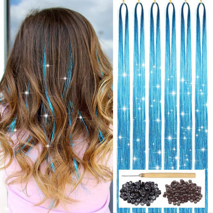 Picture of Sky Blue Hair Tinsel Kit with Tool 6pcs 1200 Strands Glitter Tinsel Hair Extensions Heat Resistant Sparkling Shiny Fairy Hair Accessories for Women Girls Kids 47Inch