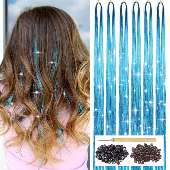 Picture of Sky Blue Hair Tinsel Kit with Tool 6pcs 1200 Strands Glitter Tinsel Hair Extensions Heat Resistant Sparkling Shiny Fairy Hair Accessories for Women Girls Kids 47Inch