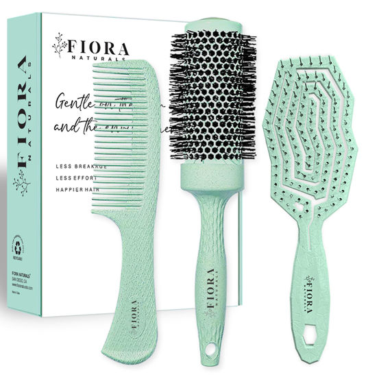 Picture of Fiora Naturals Hair Brush Set - Detangler, Round Brush, and Comb for Women - Bio-friendly Brushes for All Hair Types including Natural, Fine & Curly - Ideal for Detangling and Blow Drying