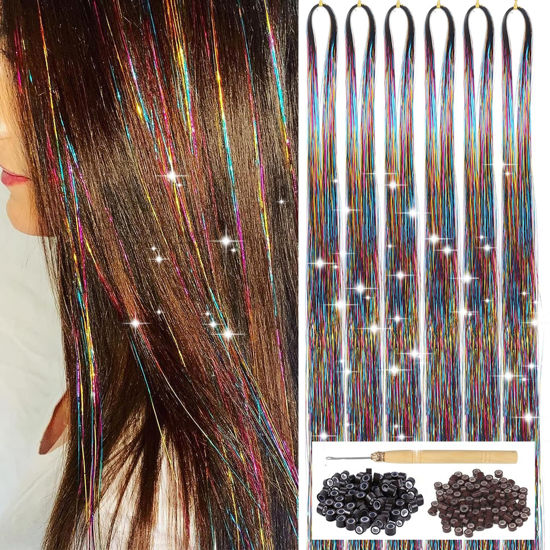 Picture of Rainbow Hair Tinsel Kit with Tool 6pcs 1200 Strands Glitter Tinsel Hair Extensions Heat Resistant Sparkling Shiny Fairy Hair Accessories for Women Girls Kids 47Inch