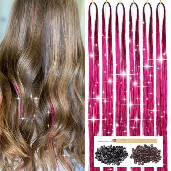 Picture of Rose Red Hair Tinsel Kit with Tool 6pcs 1200 Strands Tinsel Hair Extensions Heat Resistant Sparkling Shiny Glitter Fairy Hair for Women Girls Kids 47Inch