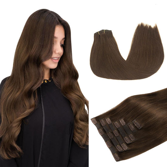 Picture of DOORES Clip in Hair Extensions Seamless, Chocolate Brown 18 Inch 110g 7pcs, Human Hair Extensions Seamless Clip ins Remy Hair Straight Human Hair for Women Invisi Edge Hair Extensions