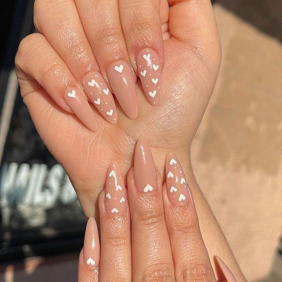 Picture of White Heart Press on Nails Medium Almond Fake Nails with Design Valentines Glue on Nails Nude Stick on Nails Glossy Reusable Heart False Nails for Women Girls Daily Wear Manicure 24pcs
