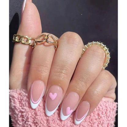 Picture of White French Tips Press on Nails Medium Almond Fake Nails with Designs Pink Heart Glue on Nails Glossy Reusable Valentines Day False Nails for Women Girls Manicure 24pcs