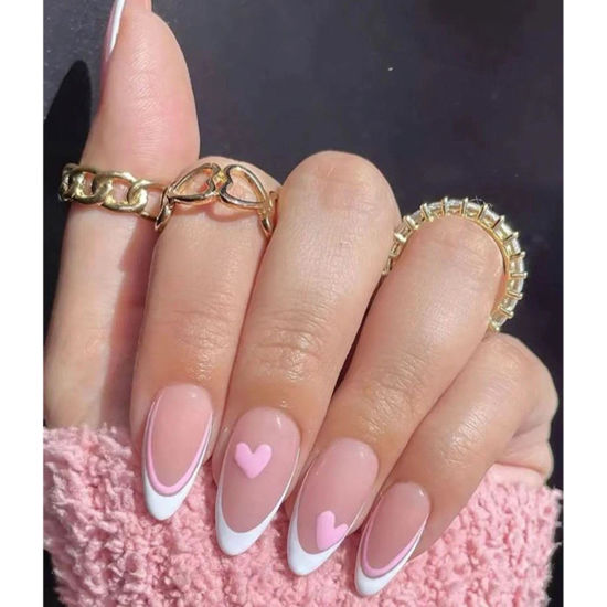 Picture of White French Tips Press on Nails Medium Almond Fake Nails with Designs Pink Heart Glue on Nails Glossy Reusable Valentines Day False Nails for Women Girls Manicure 24pcs