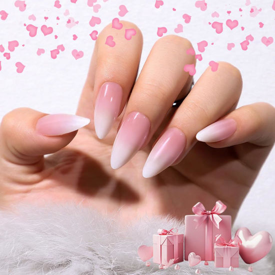 Picture of Ombre From Pearly White to Pink Press on Nails Medium Almond Fake Acrylic Nails Set,KQueenest Stiletto Glue on Nails Reusable Gel False Short almond Nails for Girls with UV Coating Manicure in 24 PCS
