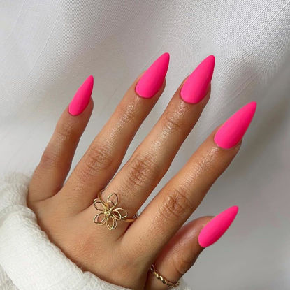 Picture of KQueenest Matte Hot Neon Pink Press on Nails Medium Almond Stiletto Gel Fake Nails Glue on Medium Pure Color Acrylic Nails Press ons Feature Protective UV Coating in 24PCS