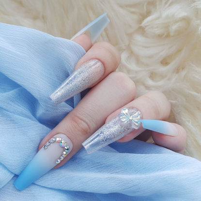 Picture of 30PCS Press on Nails Long Fake Nails French Butterfly Blue Gradient with Rhinestones Glossy Acrylic Ballet Long Press on False Nails for Woman