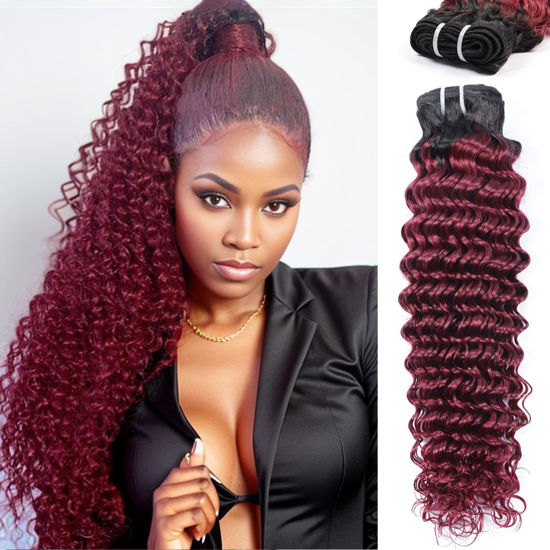 Picture of Deep Wave Human Hair Bundles Ombre Burgundy Bundles Human Hair 28 Inch T1B/99J Curly Bundles 10A Brazilian Virgin Wet And Wavy Human Hair Bundles Red Water Wave Bundles 2 tone Black to 99J Burgundy