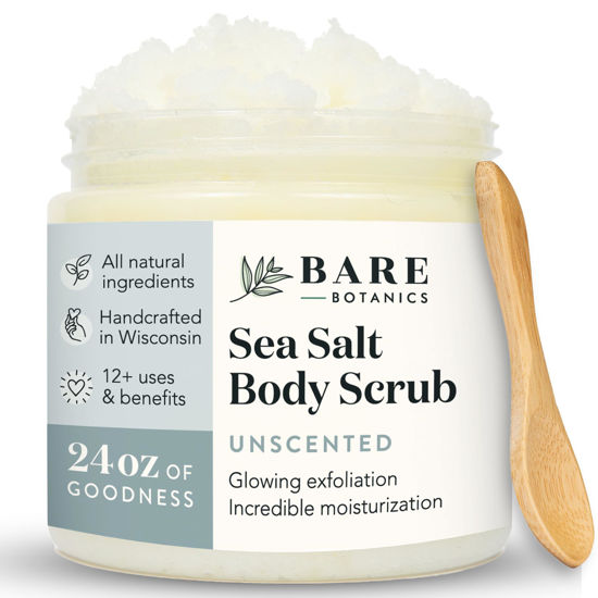 Picture of Bare Botanics Unscented Body Scrub 24oz | Made in Madison, WI | All Natural Body Scrub w/Skin Loving Moisturizers | Vegan & Cruelty Free Sea Salt Exfoliator w/a Cute Wooden Spoon