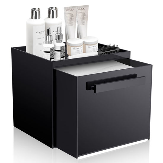 Picture of TAINESS Disposable Face Towel Storage Box Compatible with Clean Skin Club Clean Towel XL Acrylic Cosmetic Organizer Container Box Facial Towels Holder with Drawer Wall-Mounted (Glossy Black)