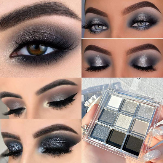 Picture of Black Smokey Gray Silver Glitter Shimmer Eye Makeup Palette, 9 Colors Cool Toned Matte, Make Up Black Radiance Eyeshadow Palette, Profesional Sombras De Ojos (A).