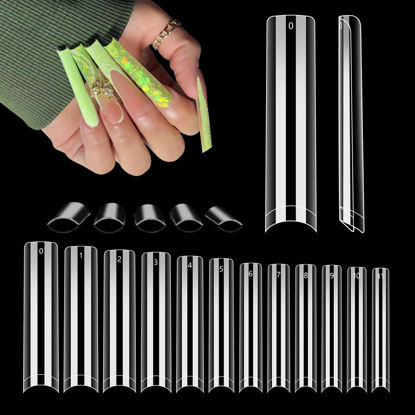 Picture of LIONVISON 504PCS NO C CURVE Clear Nail Tips for Acrylic Nails Professional, 3XL Extra Long Flat Tapered Square Nail Tips, 12 Sizes Half Cover Straight French Fake Nail Tips for Nail Salons (With Bag)