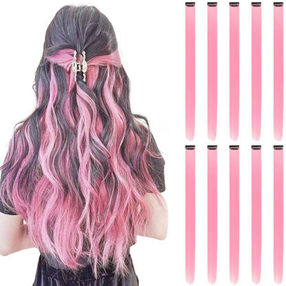 Picture of RINBOOOL Colored Hair Extensions Clip in, Light Pink 10 Pieces 22 Inch, for Kids Girls Women Play Highlights, Synthetic