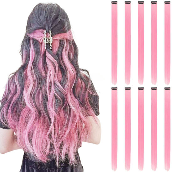 Picture of RINBOOOL Colored Hair Extensions Clip in, Light Pink 10 Pieces 22 Inch, for Kids Girls Women Play Highlights, Synthetic