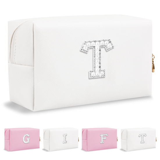 Picture of Personalized Birthday Gifts Initial Letter Makeup Bag for Women,Pearl Rhinestone Patch Cosmetic Bag Toiletry Bag,Pink Cute Preppy Pencil Pouch,Monogram Valentines Day Gift for Girls Mom Friend Wife,T