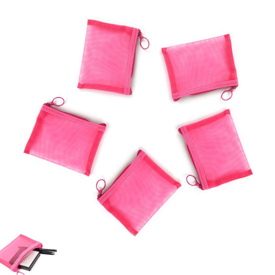 Picture of patu Mini Zipper Mesh Bags, 4" x 5", Size S / A7, 5 Pieces, Beauty Makeup Lipstick Cosmetic Accessories Organizer, Small Travel Kit Storage Pouch, Pink