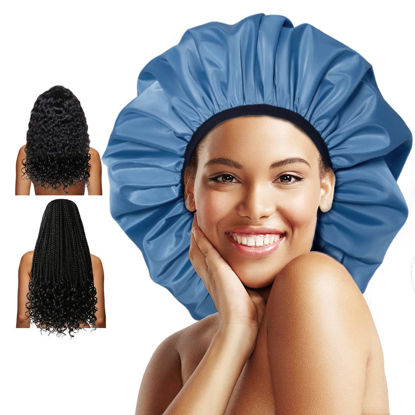 Picture of Auban Extra Large Shower Cap, Double-Layer Waterproof Reusable Satin Lining XL Shower Bonnet for Women Long Hair, Braids, Locs, perms