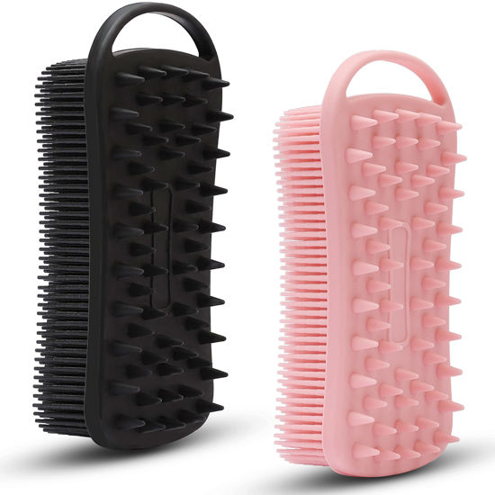 Picture of 2 PC Silicone Exfoliating Body Scrubber, 2 in 1 Silicone Body Shampoo Brush, Soft Silicone Loofah for Sensitive Skin, Shower Silicone Hair Scalp Massager, Easy to Clean, Lather Well (Black&Pink)