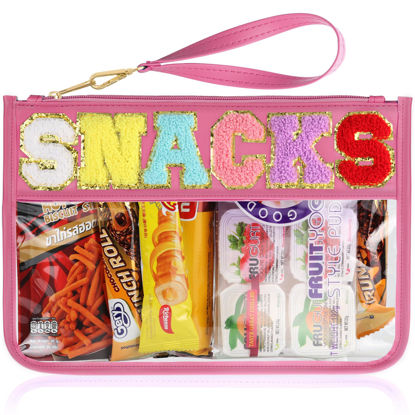 Picture of TESAFNG Snack Bag for Travel - Clear Chenille Varsity Letter Flat Pouch with Zipper, Waterproof Clear PVC&PU Preppy Patch Makeup Cosmetic tote Bags for Women Girls (Rose-Snacks)