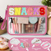 Picture of TESAFNG Snack Bag for Travel - Clear Chenille Varsity Letter Flat Pouch with Zipper, Waterproof Clear PVC&PU Preppy Patch Makeup Cosmetic tote Bags for Women Girls (Rose-Snacks)