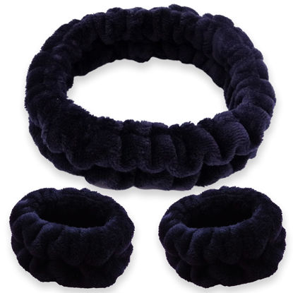 Picture of FROG SAC Puffy Spa Headband and Wristbands for Face Washing, Fuzzy Skincare Headbands for Women, Soft Makeup Skin Care Hair Accessories for Girls, Bubble Make Up Sleepover Party Supplies (Black)