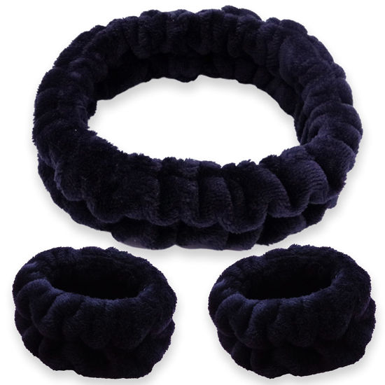 Picture of FROG SAC Puffy Spa Headband and Wristbands for Face Washing, Fuzzy Skincare Headbands for Women, Soft Makeup Skin Care Hair Accessories for Girls, Bubble Make Up Sleepover Party Supplies (Black)