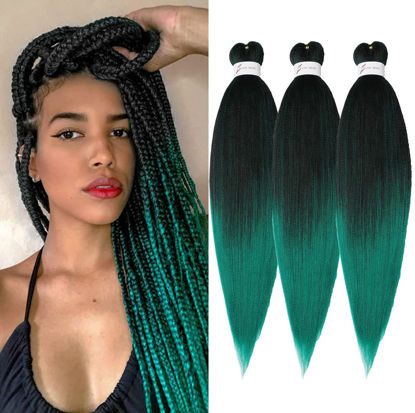 Picture of Braiding Hair Pre Stretched 14 inch 3 Packs Ombre Black to Green Professional Soft Yaki Texture,No Itch, Hot Water Setting Hair Extensions for Braids (14in,1B/Green)