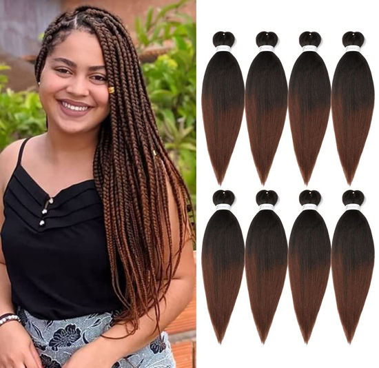 Picture of Ubeleco 8 Packs Pre-stretched Braiding Hair,20 Inch Ombre Braiding Hair Professional Soft Yaki Texture, No Itch, Hot Water Setting Hair Extensions for Braids (20in,1B/30)