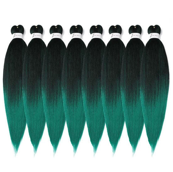 Picture of Pre-Stretched Braiding Hair, 14 inch Braiding Hair 8 Packs Ombre Black to Green Professional Soft Yaki Texture, No Itch, Hot Water Setting Hair Extensions for Braids (14in,1B/Green)