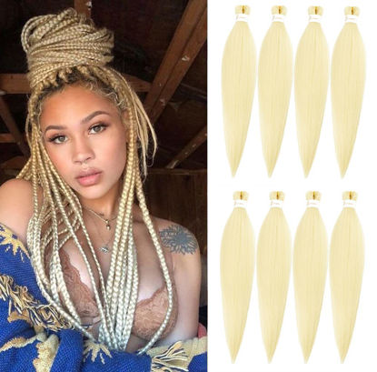 Picture of Ubeleco 36 inch Braiding Hair Pre Stretched,8 Packs Braiding Hair Soft Yaki Texture,No Itch, Hot Water Setting Hair Extensions for Braids Bleached Blonde (36in,#613)