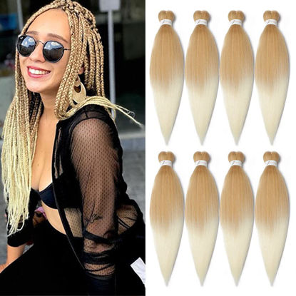Picture of 8 Packs Pre Stretched Braiding Hair, 24 Inch Braiding Hair Pre Stretched Yaki Texture, Hot Water Setting, Easy To Install Professional Synthetic Ombre Braiding Hair(24in,#27/613)