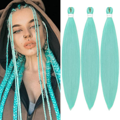 Picture of Braiding Hair Pre Stretched 24 inch 3 Packs Braiding Hair Professional Yaki Synthetic Hot Water Setting, Easy To Install Hair for Braiding (24in,Mint Green)