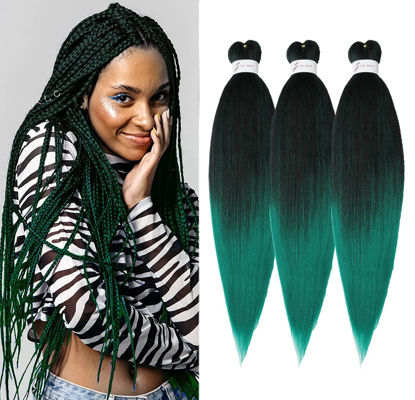 Picture of Braiding Hair Pre Stretched 24 inch 3 Packs Ombre Black to Green Professional Soft Yaki Texture,No Itch, Hot Water Setting Hair Extensions for Braids (24in,1B/Green)
