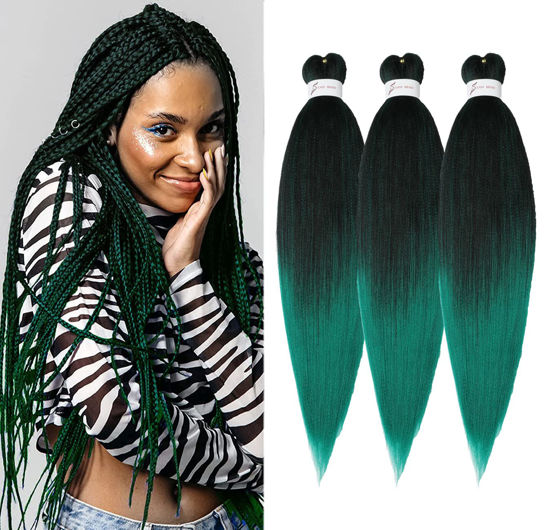 Picture of Braiding Hair Pre Stretched 24 inch 3 Packs Ombre Black to Green Professional Soft Yaki Texture,No Itch, Hot Water Setting Hair Extensions for Braids (24in,1B/Green)
