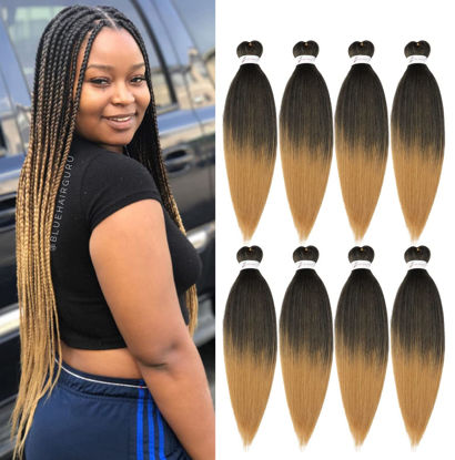 Picture of Ubeleco Pre Stretched Braiding Hair, 8 Packs 24 inch Braiding Hair Pre Stretched Yaki Texture, Hot Water Setting, Easy To Install Professional Synthetic Ombre Hair for Braiding(24in,1B/27)