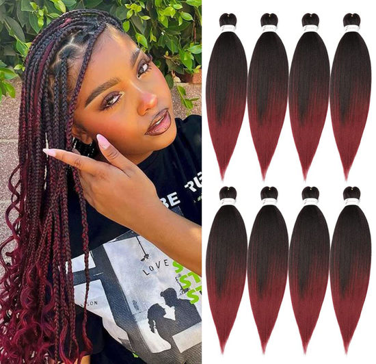 Picture of Ubeleco 8 Packs Pre-stretched Braiding Hair,24 Inch Ombre Braiding Hair Professional Soft Yaki Texture,No Itch, Hot Water Setting Hair Extensions for Braids (24in,1B/900)