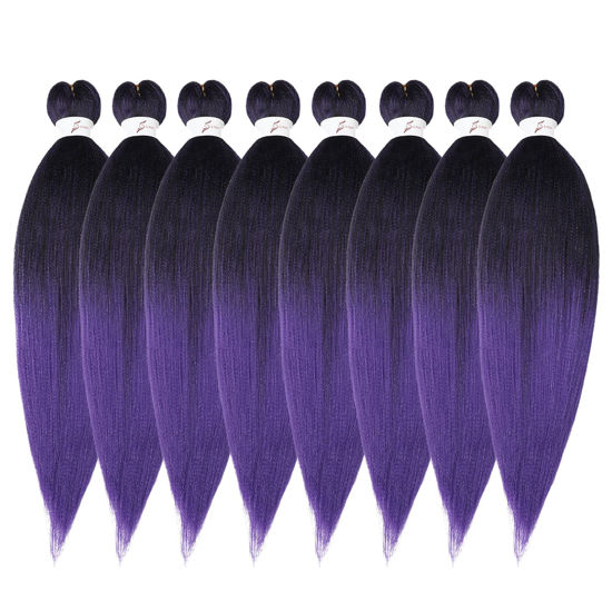 Picture of Purple Braiding Hair Pre Stretched 14-inch 8 Packs Kids Braiding Hair Soft Yaki Texture,No Itch, Hot Water Setting Synthetic Hair Extensions for Braids (14in,1B/Purple)