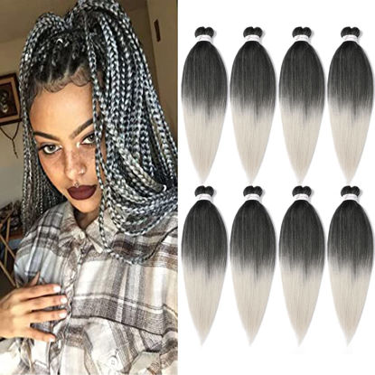Picture of Braiding Hair Pre Stretched 14 Inch 8 Packs Gray Braiding Hair Yaki Texture, Hot Water Setting, Easy To Install Professional Synthetic Hair Extensions Ombre Braiding Hair(14in,1B/Silver)