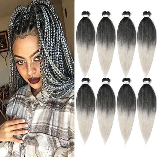 Picture of Braiding Hair Pre Stretched 14 Inch 8 Packs Gray Braiding Hair Yaki Texture, Hot Water Setting, Easy To Install Professional Synthetic Hair Extensions Ombre Braiding Hair(14in,1B/Silver)