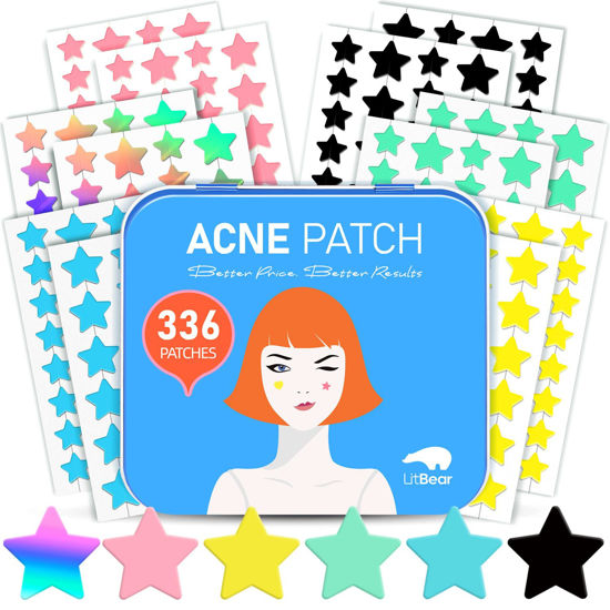 Picture of LitBear Acne Patch Pimple Patch, 6 Colors 336 Dots Star Pimple Patches with Tea Tree Oil & Centella Oil, Hydrocolloid Acne Pimple Patches for Face Cute Zit Patches Pimple Stickers Acne Dots